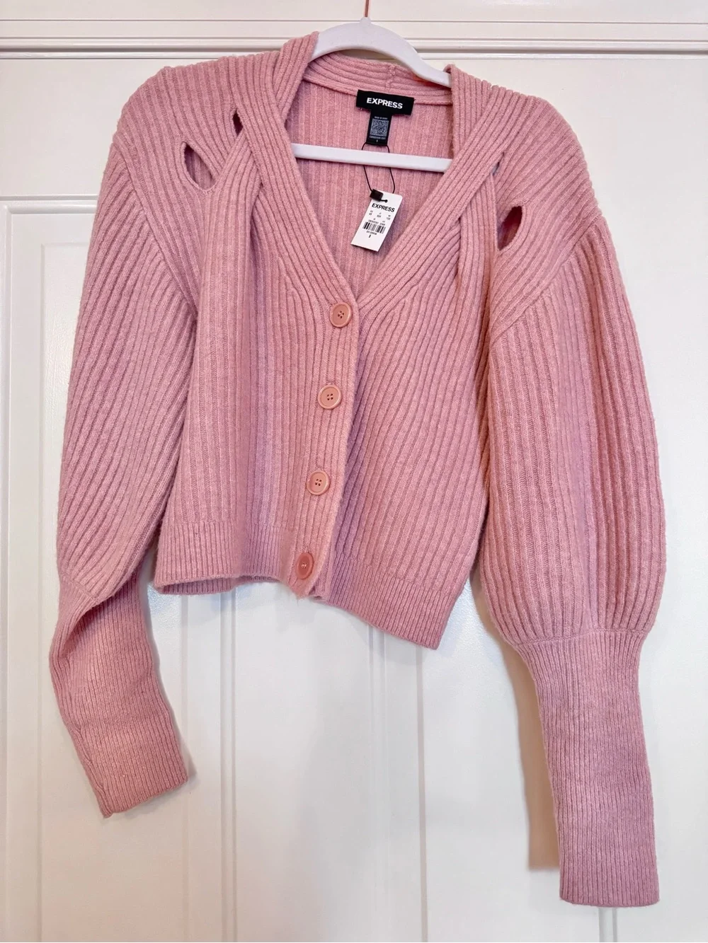 Express Blush Pink Ribbed V-Neck Button Cardigan